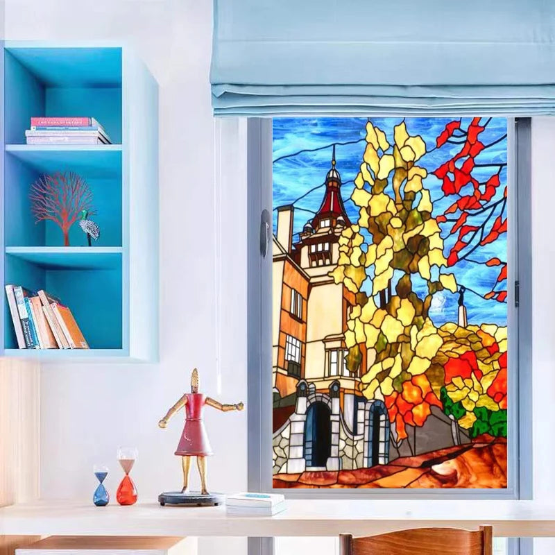 Custom size Stained Glass Films,Privacy Static Cling,Print Castle Lighthouse Sailboat Door Sticker,Office Home Decor