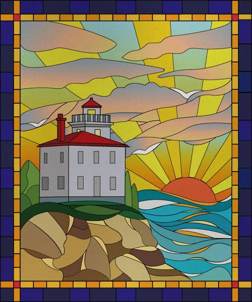 Custom size Stained Glass Films,Privacy Static Cling,Print Sea Red Lighthouse,Rising Sun, Night,Door Sticker,Office Home Decor