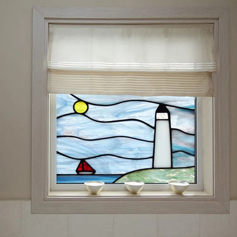 Glass Films Window Sticker Static Cling Frosted Home Decor Private Tint-Film For Door Window Cabinet Wardrobe Lighthouse