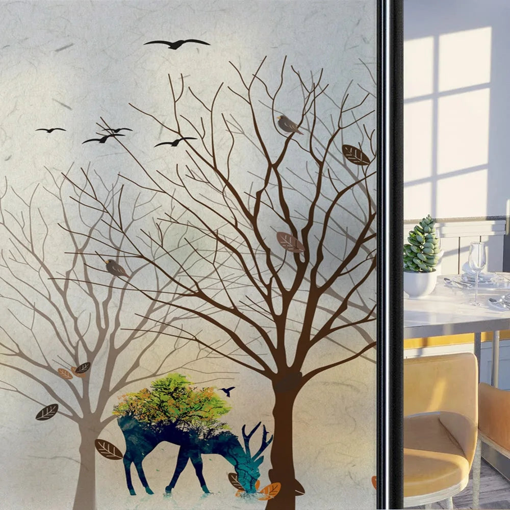 Custom Size Stained Glass Window Film,Frosted Privacy, Static Cling, Door Sticker,Bathroom, Home Decor, Tree, Mountain