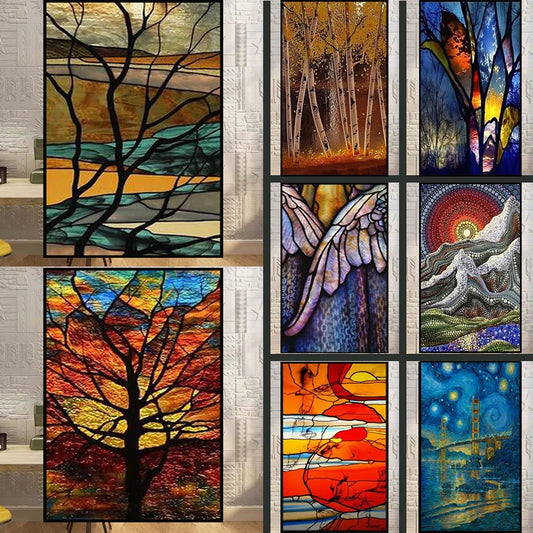 Custom Size Window Film, Electrostatic Frosted Stained Glass Films, Vintage Art Poster, Door Stickers Print Tree Setting Sun