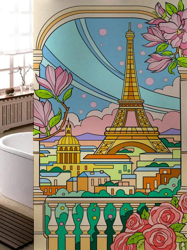 Stained Glass Window Film, Frosted Glass Sticker, Custom Size Castle Cartoon Pattern for Kids Room Door, Poster, Home Decor