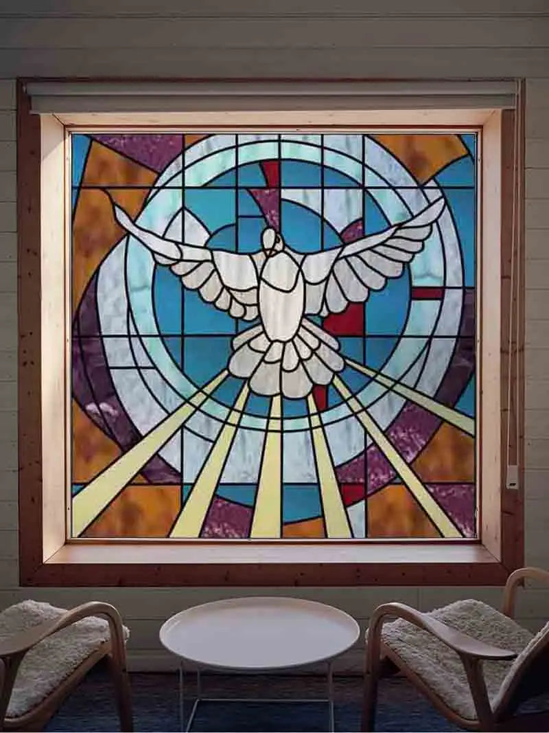Custom Frosted Stained Glass Window Film,Sataic Cling Window Films,Retro Church Cross Dove Decor Foil Stickers Window Treatment