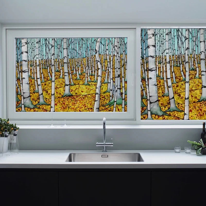 Landscape painting Stained Glass Films Transom/Windows Film Glass Sticker Static Cling Retro Vintage Style Custom Size