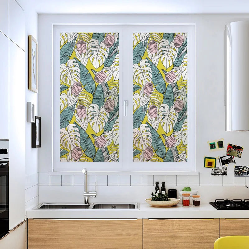 Stained Glass Film, Opaque Sticker,Frosted Static Cing ,Tropical Leaves, Seamless Pattern,Home Decor, Privacy, Custom Size