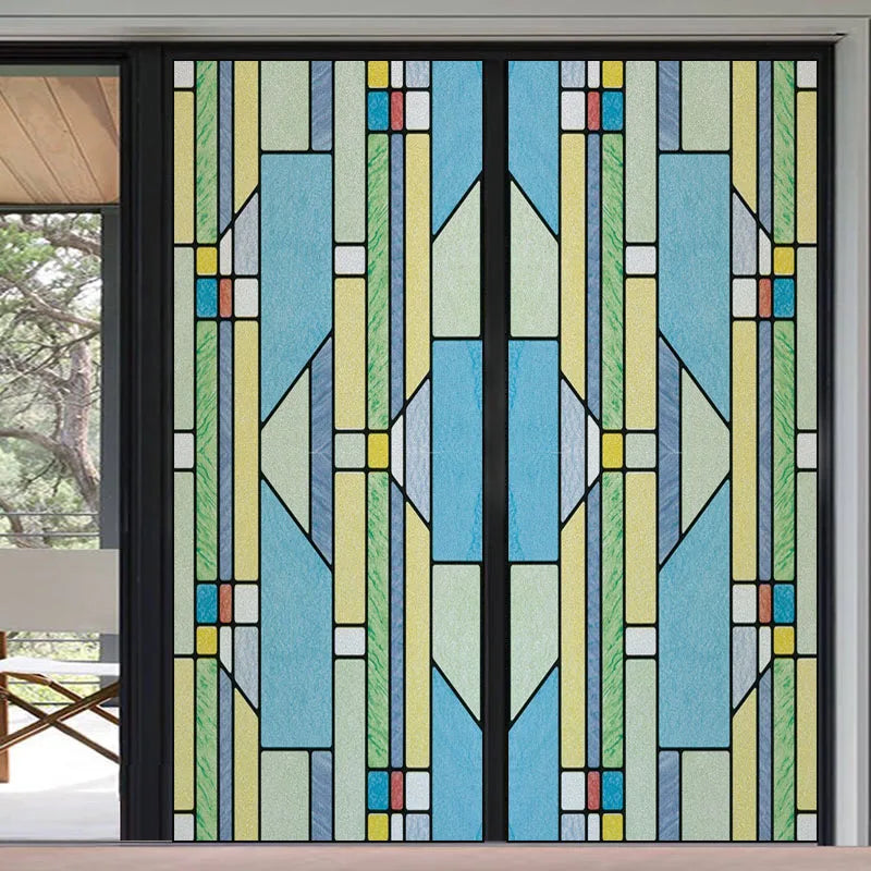 Frosted Stained Glass Window Film, Reusable Window Covering, Sun Catcher, Mosaic Rainbow Color, Privacy, Home-Decor