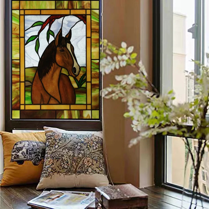 Custom size Stained Glass Window Film Retro Painted Horse Deer, Frosted Static Cling Art Colored Glass Films,Glass Sticker