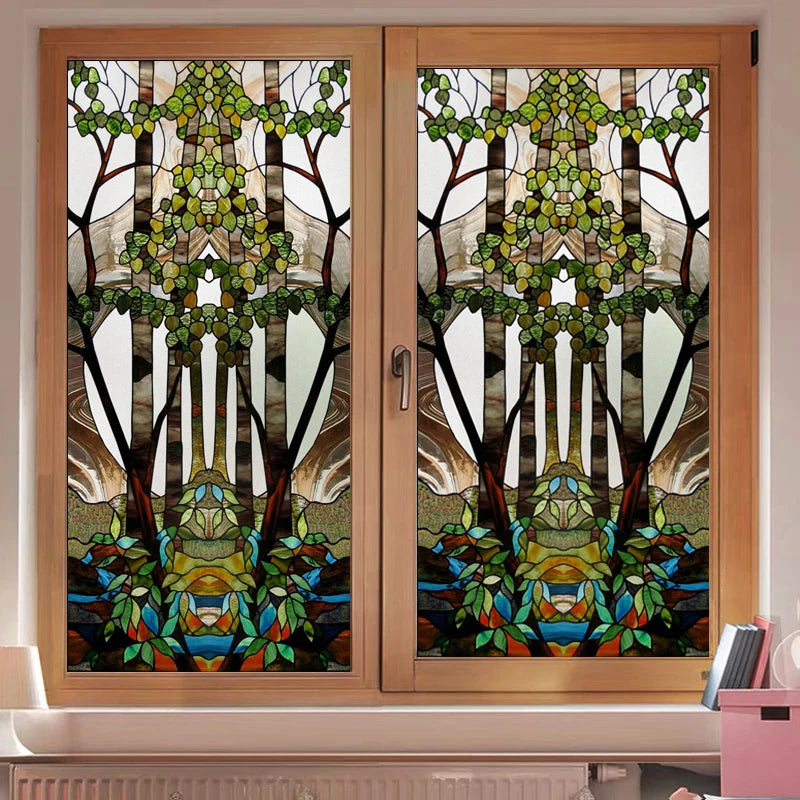 Colored Frosted Window Film, Stained Glass Door Sticker,Self Adhesive, Static Cling ,Tree, Custom Size, Church Style Tree