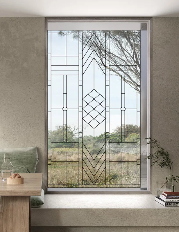 Stained Glass Window Film Transparent Glass Sticker Static Cling Iron Style Black Line Office Door Anticollision Home Decor