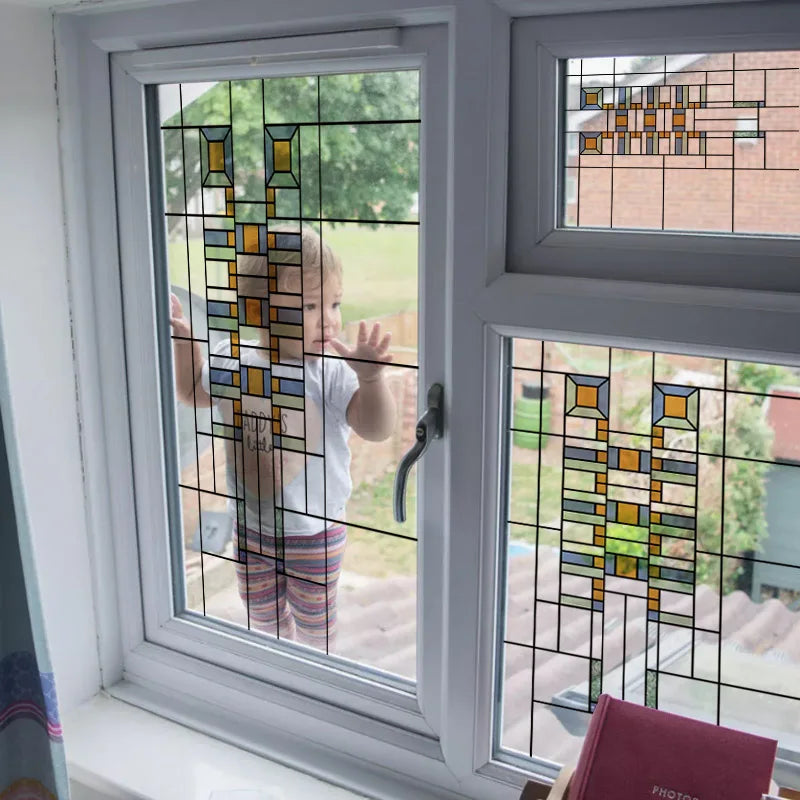 Stained Glass Window Film Transparent Glass Sticker Static Cling Prairie Scottish Style Office Door Anticollision Home Decor