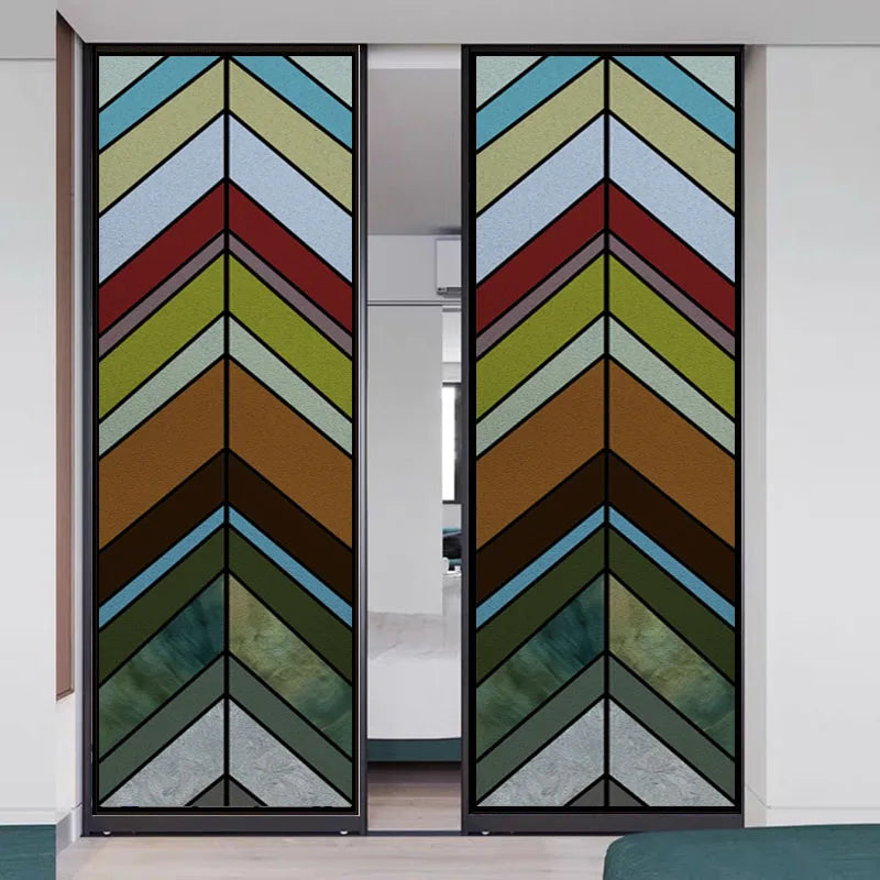 Custom Size Stained Glass Window Film,Frosted Privacy, Static Cling,Retro Rainbow Colors Stickers,Kitchen Bathroom Door, Home