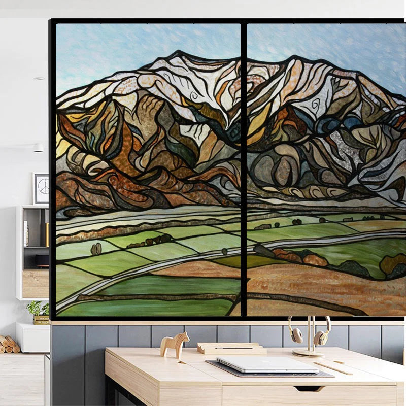 Stained Glass Window Film Frosted Glass Sticker Forest Opaque,Customized Print Mountain For Bathroom Door Office Home Decor