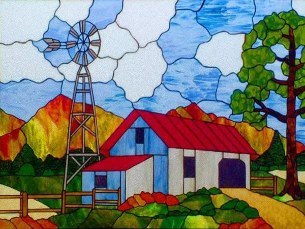 Landscape Painting Stained Glass Films, Transom Windows Film, Opaque Sticker, Self Adhesive, Static Cling, Custom Size