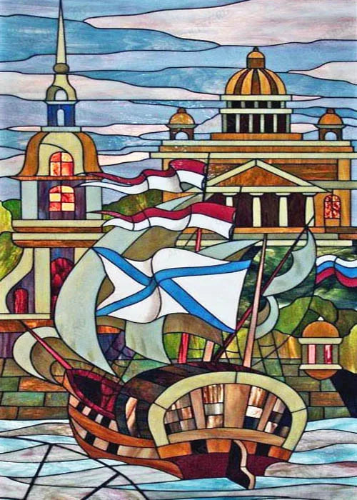 Window Film Stained Glass Stickers,Custom size Static Cling,Print Castle Church landscape Sailboat Sticker,Office Home Decor