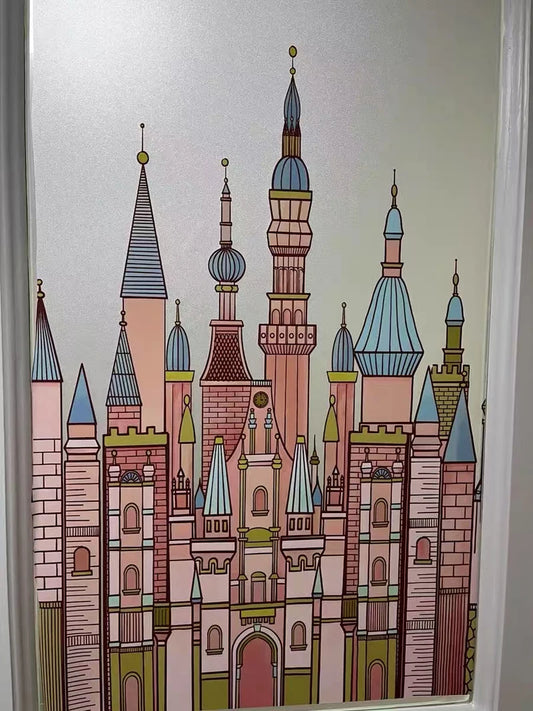 Custom Size Static Cling Window Film,Reusable Waterproof Privacy Protection Stained Glass Decal ,DIY Castle Design for Home
