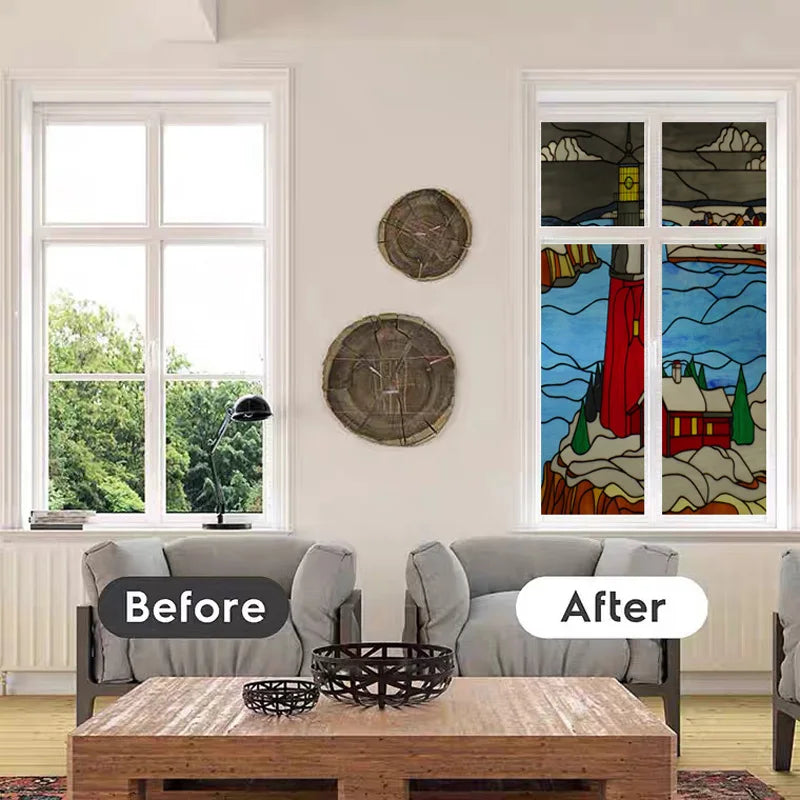 Stained Glass Window Film, Frosted Glass Sticker, Custom Size Castle Cartoon Pattern for Kids Room Door, Poster, Home Decor