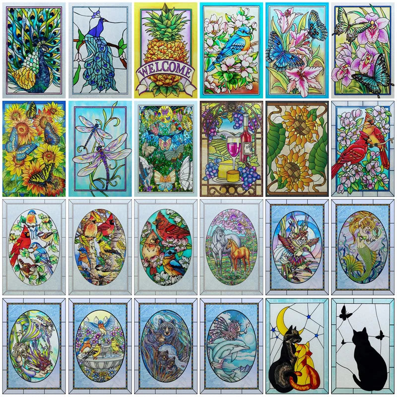 Customized Stained Glass Film Window Films Static Cling Frosted Sticker Church Peacock Birds Cat For Door Bathroom Home Decor