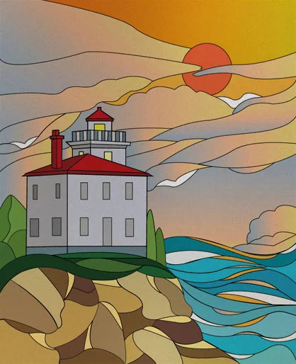 Custom size Stained Glass Films,Privacy Static Cling,Print Sea Red Lighthouse,Rising Sun, Night,Door Sticker,Office Home Decor