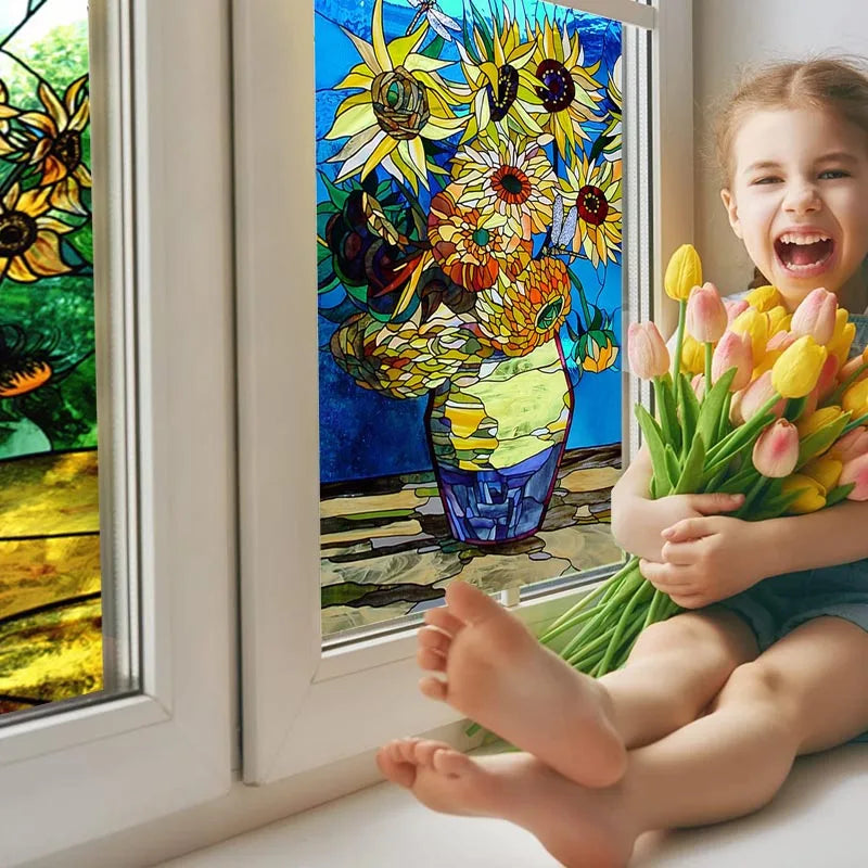 Window Film Frosted Stained Glass Films,Customized Privacy Static Cling,Retro Colorful Stickers For Shower Bathroom Skylight