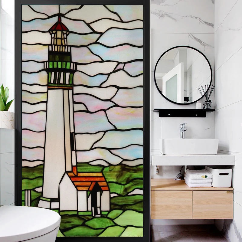 Custom Size Stained Glass Films,Privacy Static Cling,Print Castle, Lighthouse Tower, Sailboat Door Sticker,Office, Home Decor