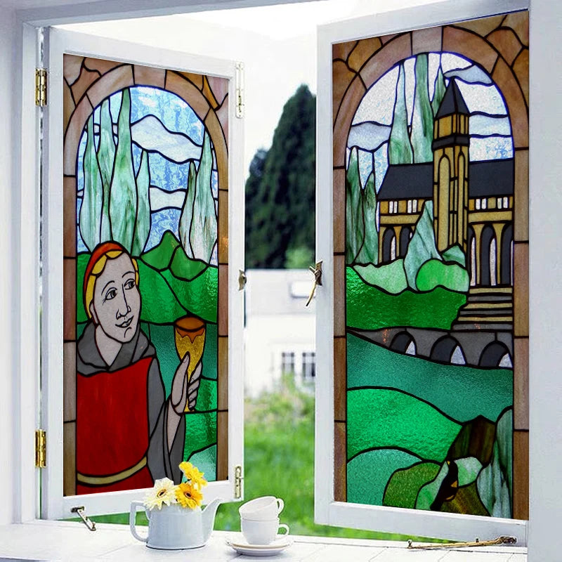 Custom Size Glass Window Film Static Cling Frosted Stained Glass Films For Wardrobe Bathroom Kitchen Door Sticker Castle Woman