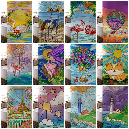 Stained Glass Window Film, Frosted Glass Sticker, Custom Size Castle Cartoon Pattern for Kids Room Door, Poster, Home Decor