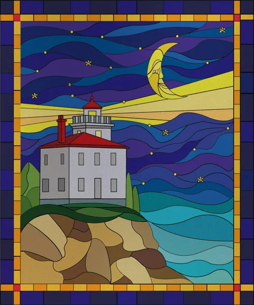 Custom size Stained Glass Films,Privacy Static Cling,Print Sea Red Lighthouse,Rising Sun, Night,Door Sticker,Office Home Decor