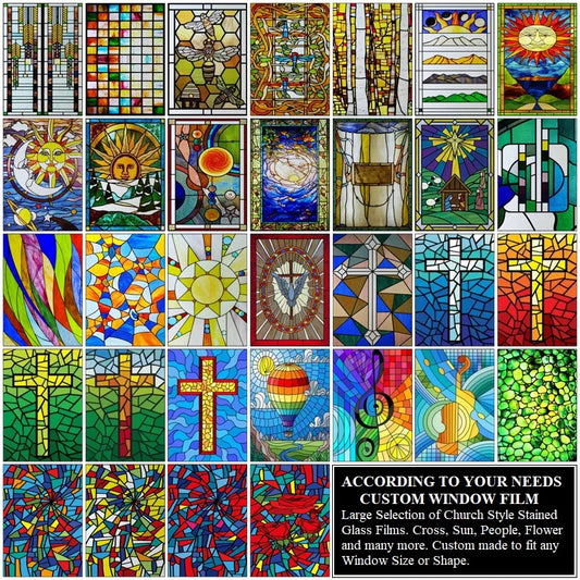 Custom Size Stained Glass Window Film Vintage Church Style Cross, Sun Picture For Rectangular Shape Glass Office Home Decor