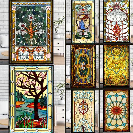 Custom Size Colorful Stained Glass Films Window Film Static Cling Frosted Stickers Tiffany Style For Bathroom Kitchen Home Decor