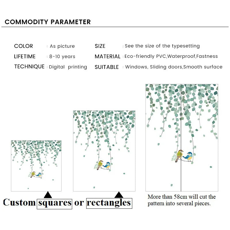 Stained Glass Film Vine Leaves & Birds Frosted Sticker Home Decorative Film Modern Window Accessories BLT3850Custom Size
