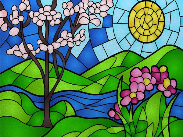 Landscape Painting Stained Glass Films, Transom Windows Film, Opaque Sticker, Self Adhesive, Static Cling, Custom Size