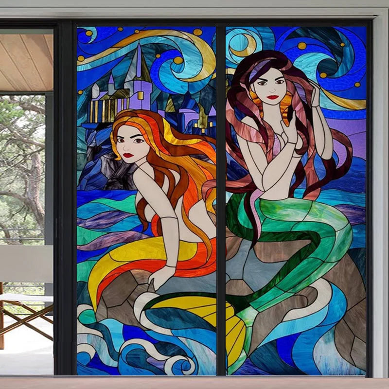 Custom Size Window Stained Glass Films,Mermaid,Flower, Fairy,People Painting Stickers for Bathroom, Door, Office, Home Decor