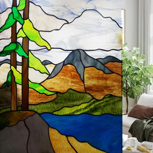 Custom size Glass Films,Stained Glass Stickers Static Cling,Frosted Privacy Print Tree,Rivers,Hill For Window Door Home Decor