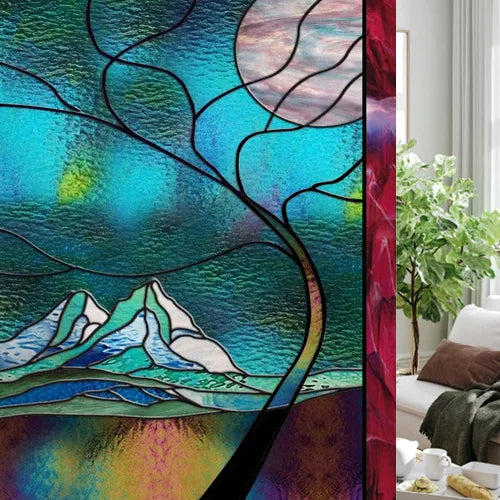 Custom size Glass Films,Stained Glass Stickers Static Cling,Frosted Privacy Print Tree,Rivers,Hill For Window Door Home Decor