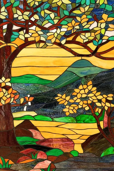 Custom Size Stained Glass Films,Frosted Privacy, Static Cling Poster, Retro Tree Scenic Color Printing Window Film Door Stickers