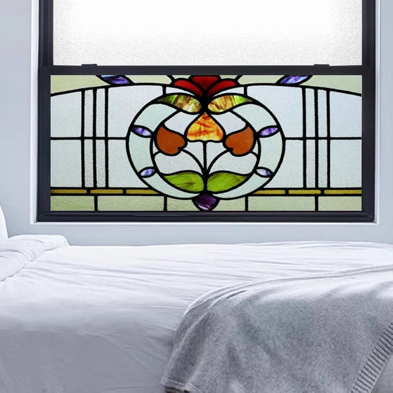 Custom Size Window Film, Stained Glass, Decorative Retro Window Sticker, Privacy Frosted Static Cling, Home Decal