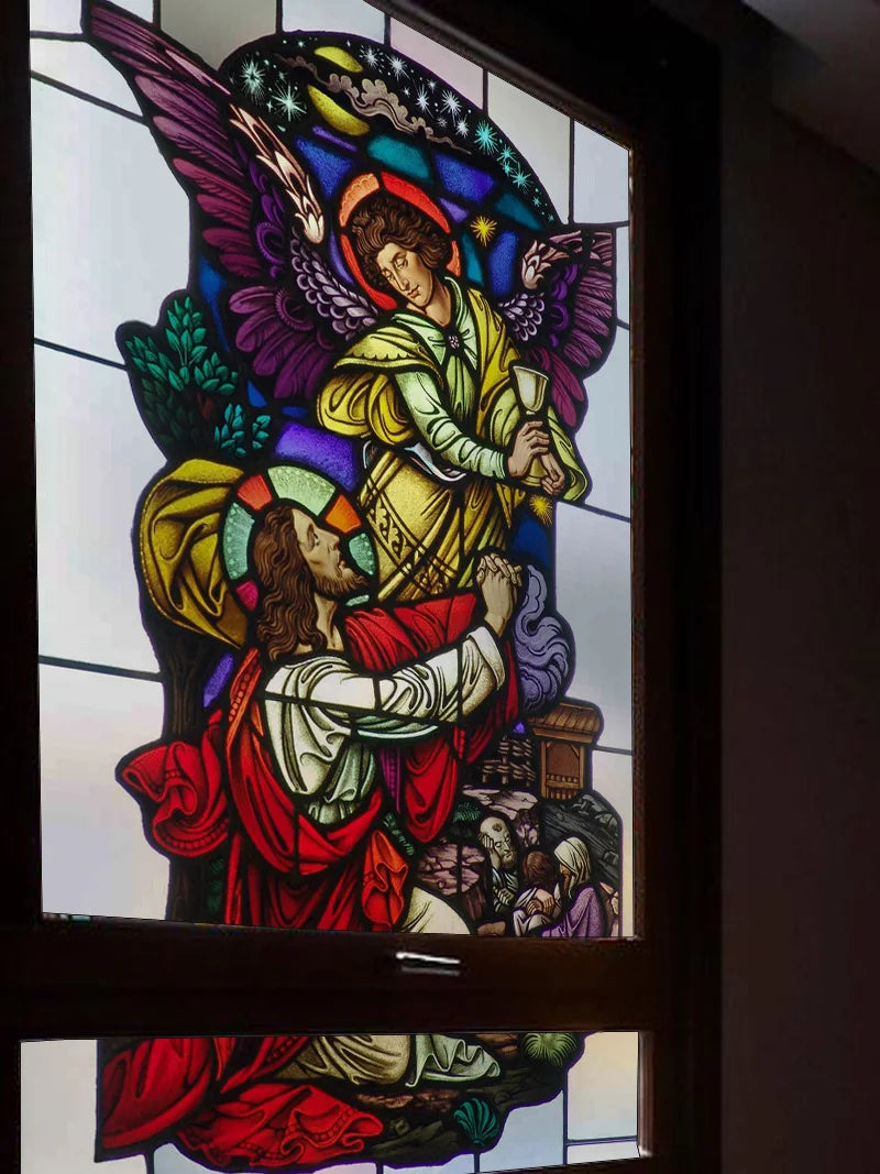 Decorative self adhesive/static cling frosted stained continental  window film can do custom size Crucifixion of Jesus/Christ