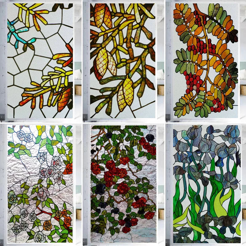 Custom Stained Glass Window Films,Frosted sticker,Privacy Static Cling Flower Fruit Trees For Bathroom Sliding door Home Office