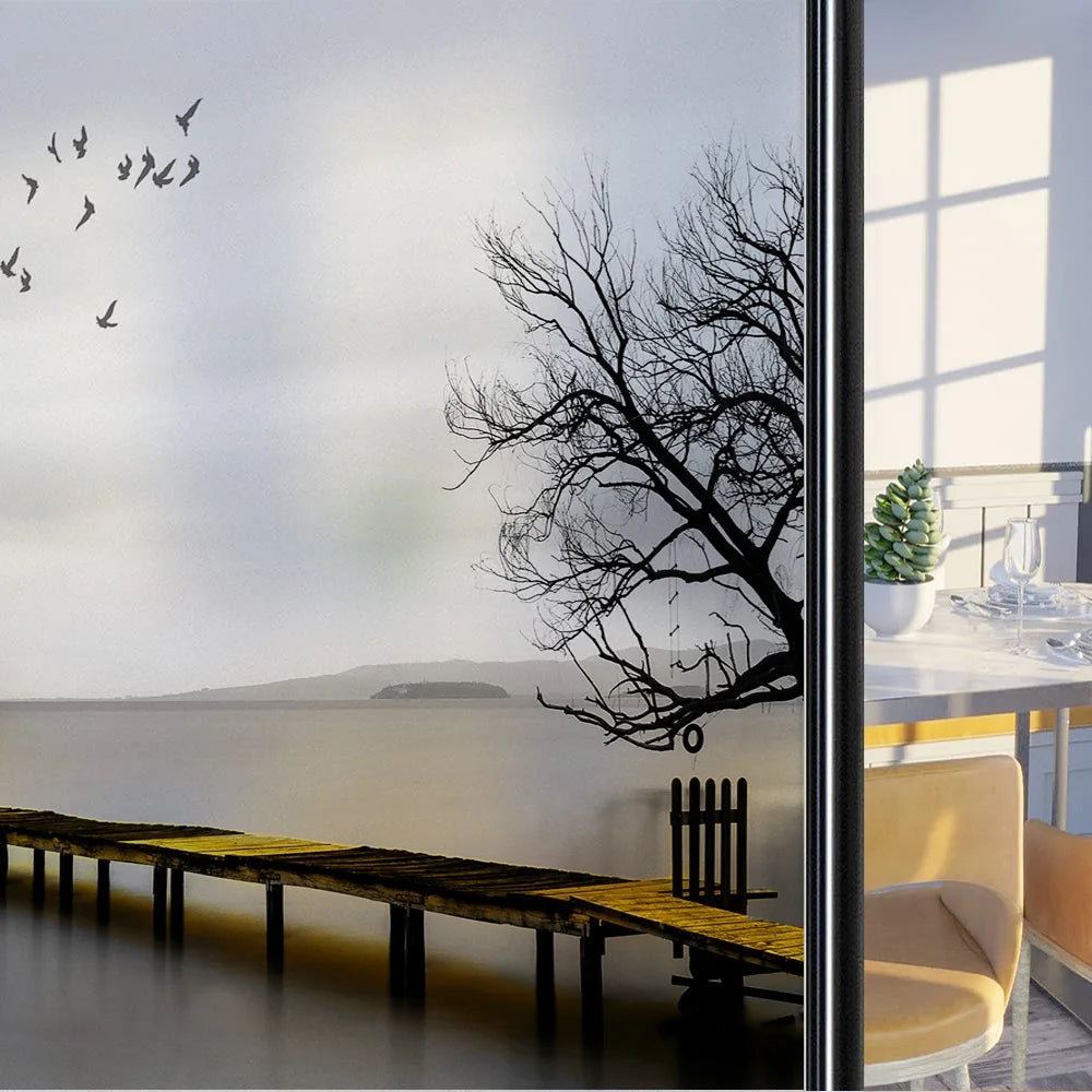 Custom Size Stained Glass Window Film,Frosted Privacy, Static Cling, Door Sticker,Bathroom, Home Decor, Tree, Mountain