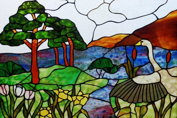 Window Film Stained Glass Stickers,Custom size Static Cling Frosted,Flower Bird Tree Print For Transom Window Glass Home Decor