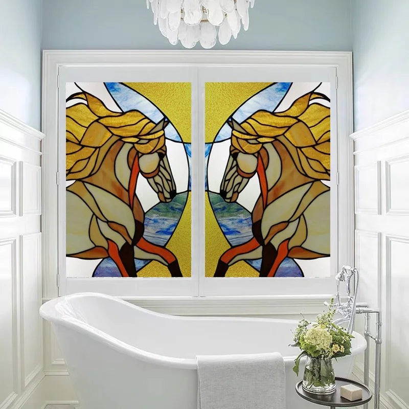 Custom size Stained Glass Window Film Retro Painted Horse Deer, Frosted Static Cling Art Colored Glass Films,Glass Sticker