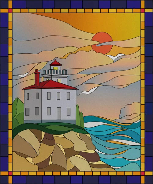 Custom size Stained Glass Films,Privacy Static Cling,Print Sea Red Lighthouse,Rising Sun, Night,Door Sticker,Office Home Decor