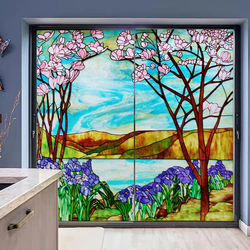 Custom Size Stained Glass Film,3D Frosted Static Cling Window Films,Decor Foil Stickers, Window Treatment for Square Glass Door