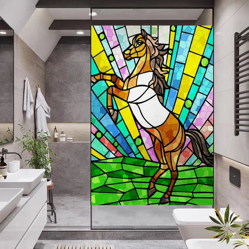 Custom size Stained Glass Window Film Retro Painted Horse Deer, Frosted Static Cling Art Colored Glass Films,Glass Sticker