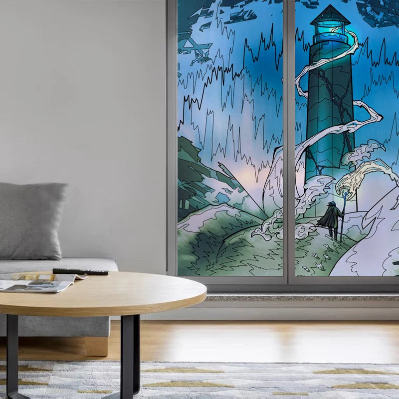 Custom Size Stained Glass Films,Privacy Static Cling,Print Castle, Lighthouse Tower, Sailboat Door Sticker,Office, Home Decor