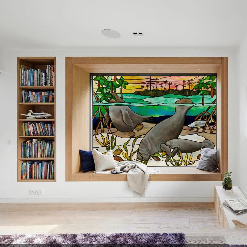 Landscape painting Stained Glass Films Transom/Windows Film Glass Sticker Static Cling Retro Vintage Style Custom Size