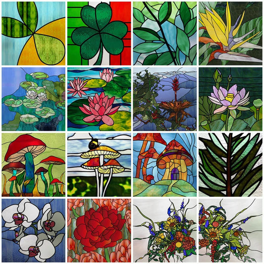 Custom Size Stained Glass Window Film, Frosted Static Cling, Vintage Sticker, Floral Leaves,  Kitchen, Bathroom, Home Decor