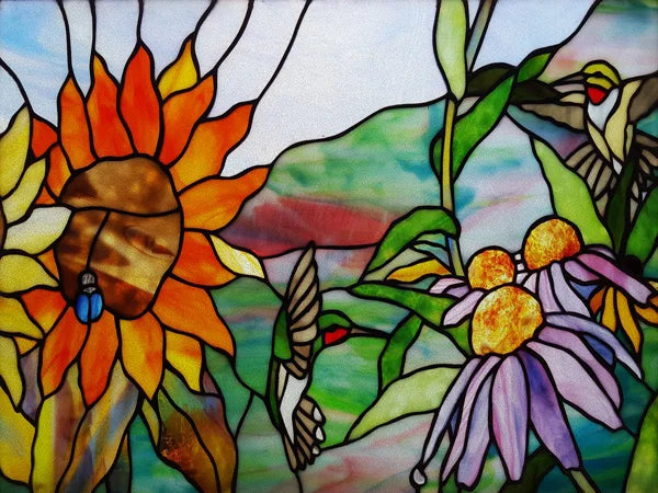 Landscape Painting Stained Glass Films, Transom Windows Film, Opaque Sticker, Self Adhesive, Static Cling, Custom Size