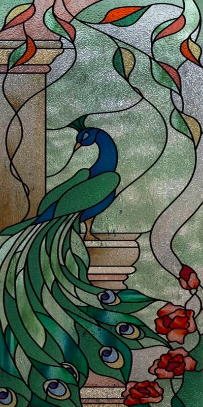 Custom Size 3D Matte Window Film, Stained Glass, Decorative UV Window Sticker, Privacy Frosted Static Cling, Home Decal,Peacock