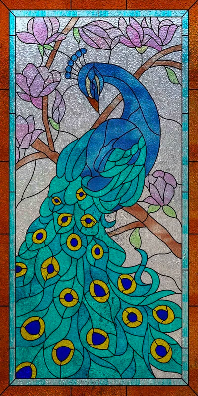 Custom Size 3D Matte Window Film, Stained Glass, Decorative UV Window Sticker, Privacy Frosted Static Cling, Home Decal,Peacock